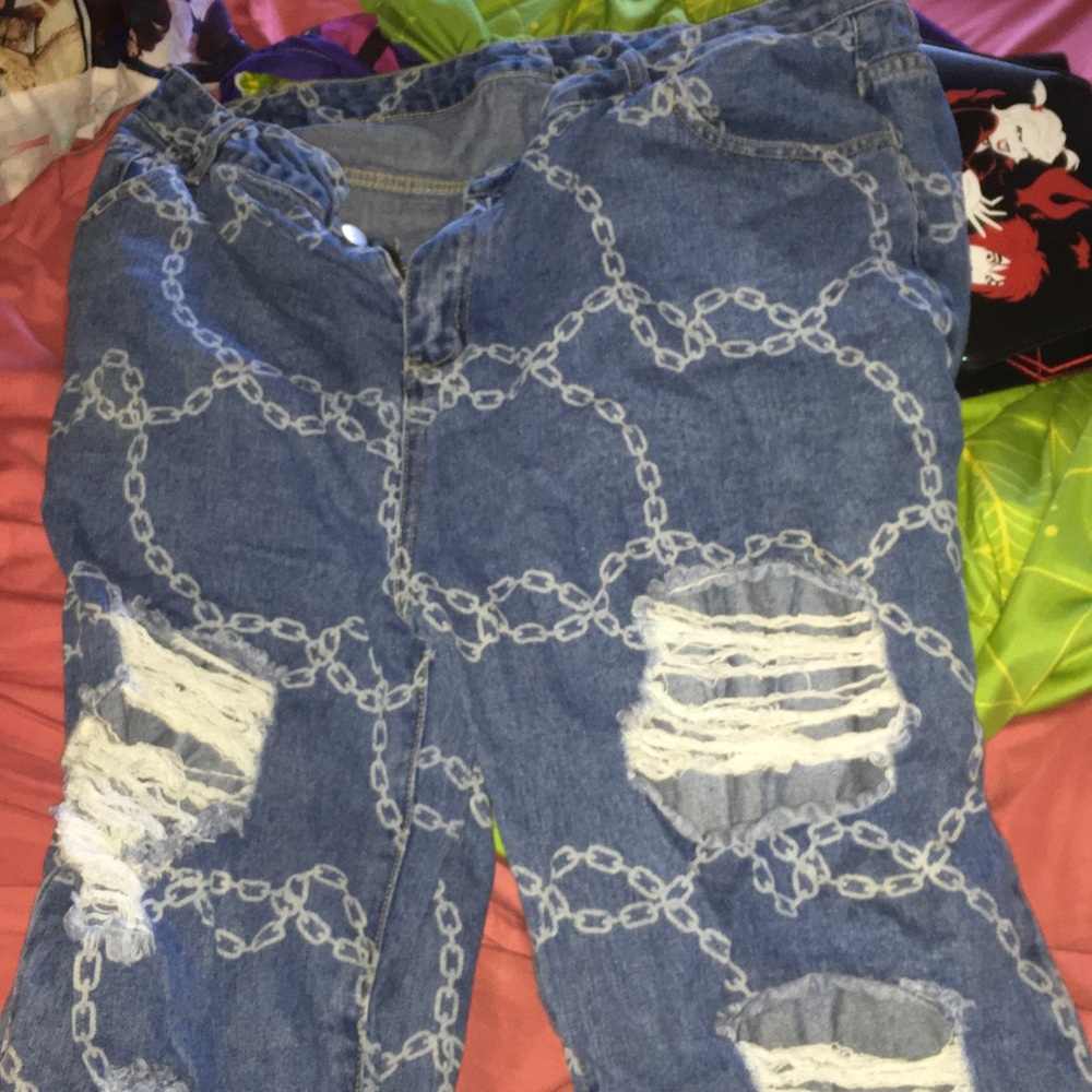 Chain Print Distressed Blue Jeans Shein 3XL